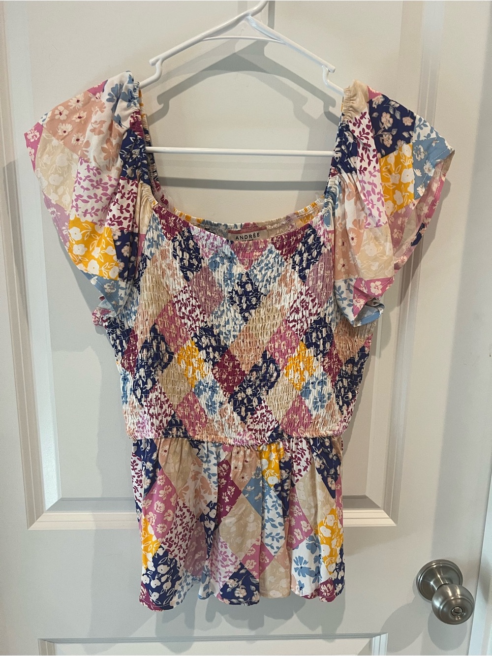 NWT Andree by Unit Multicolor Patchwork Smocked Peplum Top Size Small